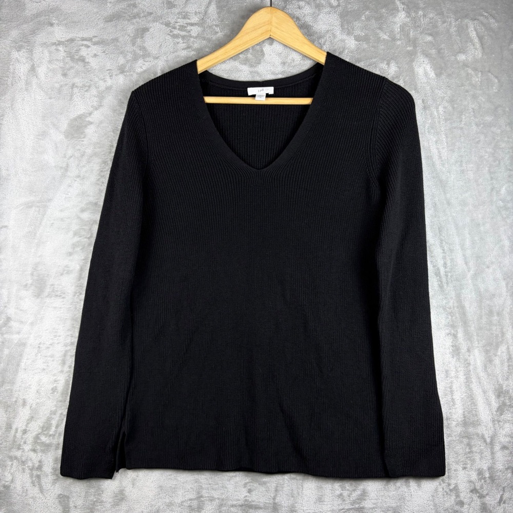 J Jill Womens Sweater Ribbed V-Neck Long Sleeve Cotton Blend Black XS Elegant
